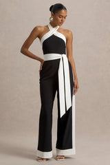 Caterina | Black & White Halter-Neck Wide-Leg Jumpsuit