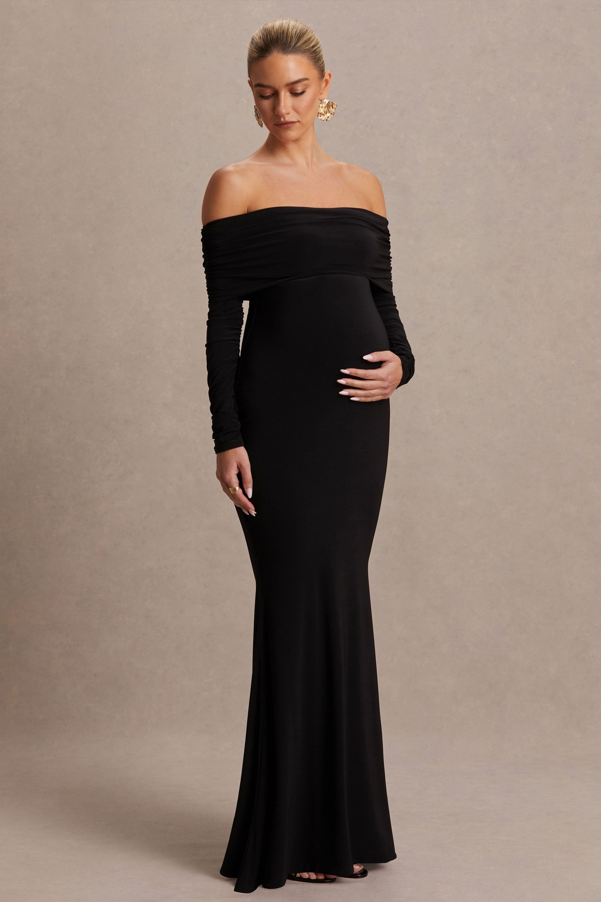 Pretty Perfect | Black Maternity Bardot-Neck Maxi Dress