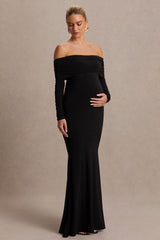 Pretty Perfect | Black Maternity Bardot-Neck Maxi Dress