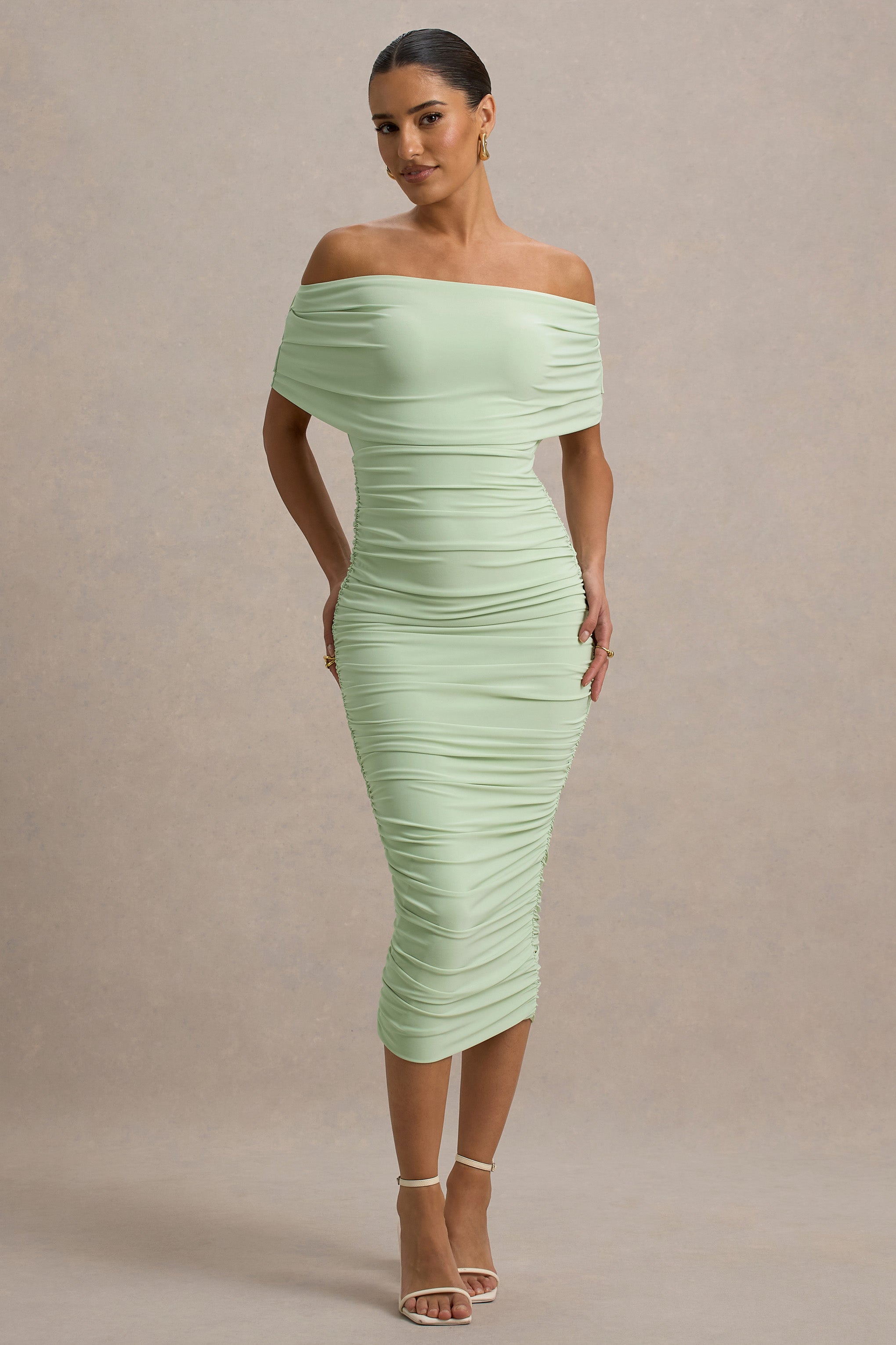 Rayleigh | Light Green Bardot Ruched Midi Dress
