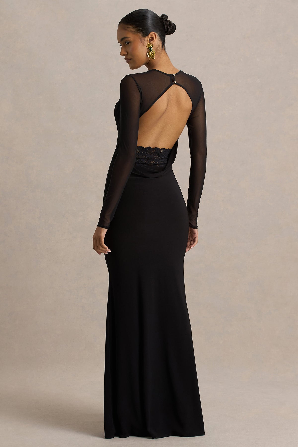 Bethan | Black Cowl-Neck Maxi Dress With Mesh Sleeves And Open-Back