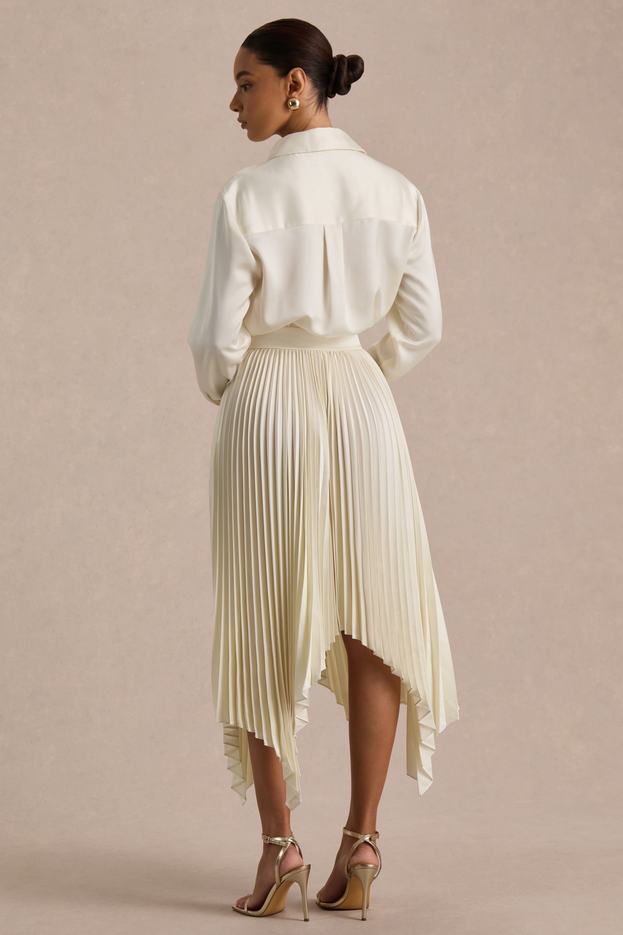 Naxos | Cream Satin Shirt Maxi Dress With Pleated Skirt