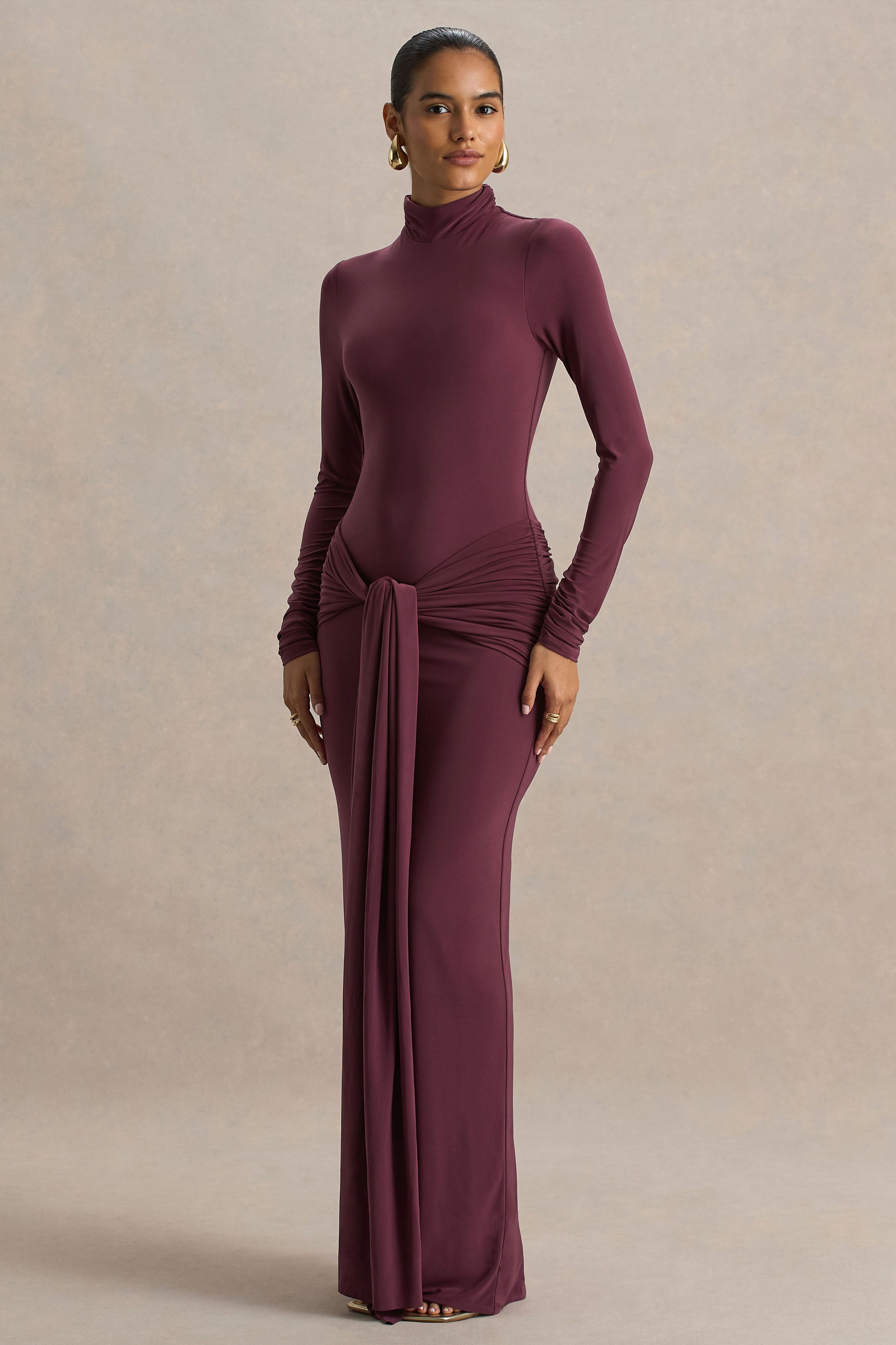 Myra | Burgundy High-Neck Maxi Dress With Sash and Ruched Detailing