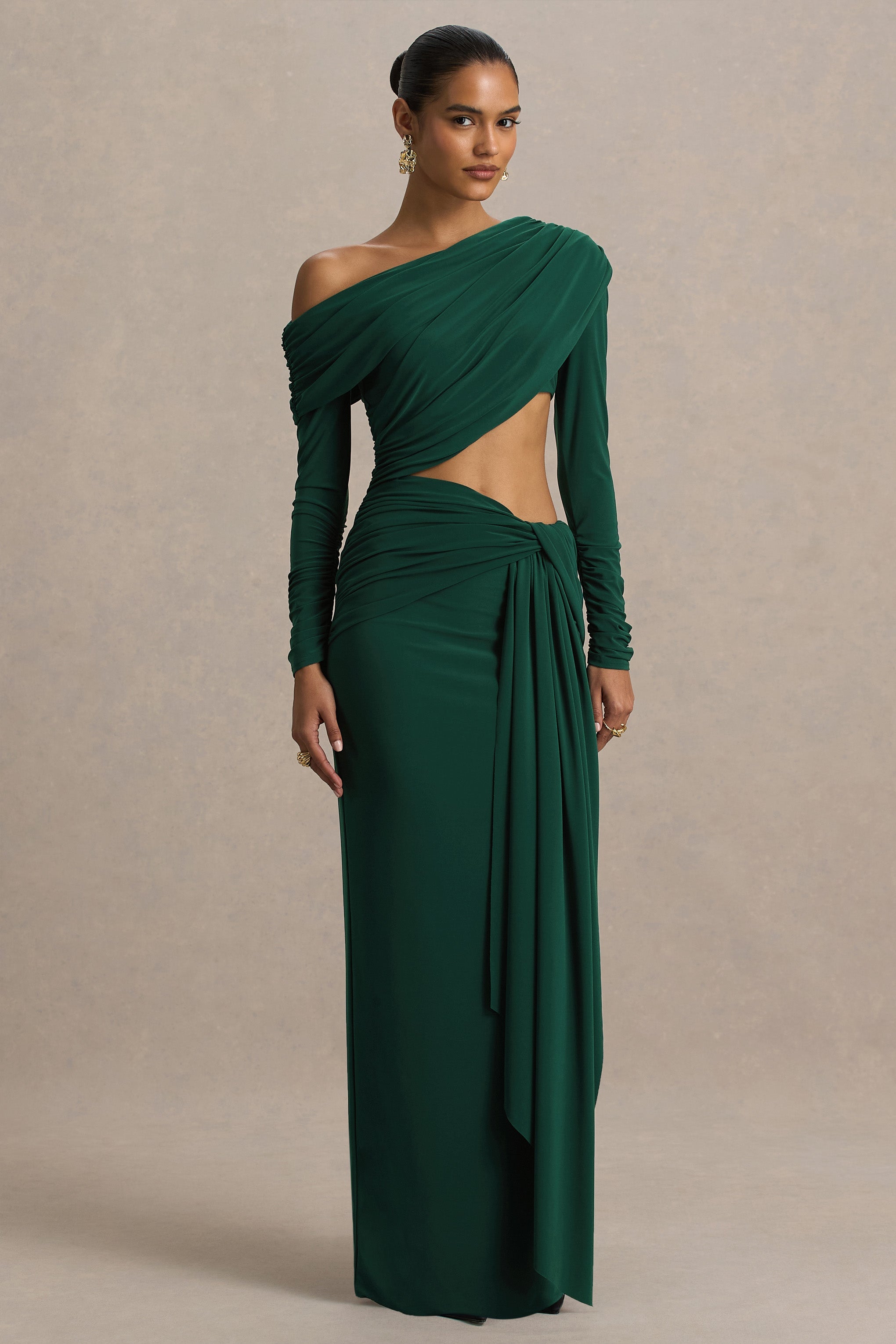 Mikayla | Dark Green Asymmetric-Neck Wrap Maxi Dress With Body Cut-Out And Ruched Detailing