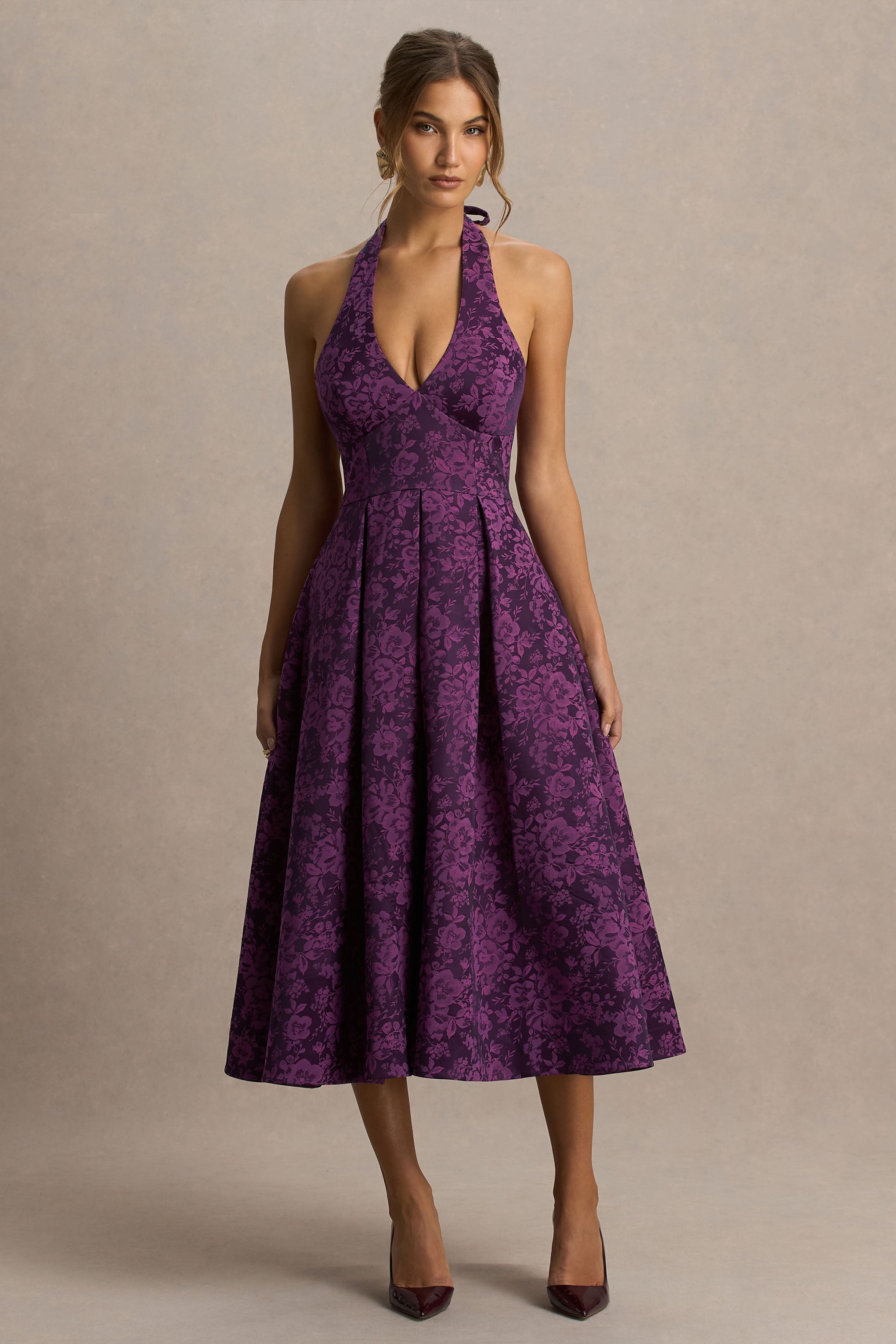 Isabeau | Burgundy Satin Plunge-Neck Midi Dress