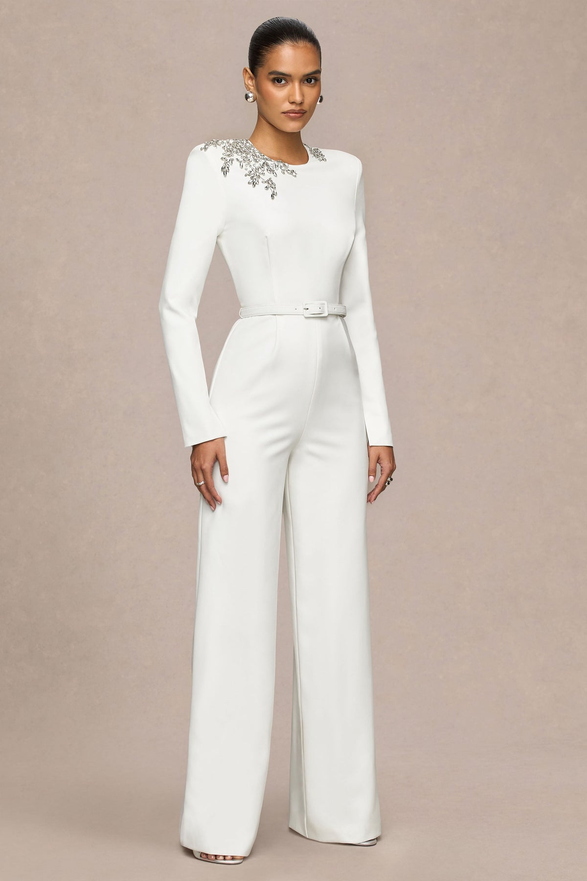 Prize | Cream Crew-Neck Jumpsuit With Embellishment Detail