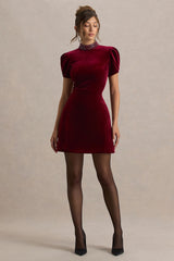 Margot | Burgundy High-Neck Velvet Mini Dress With Embellished Detail