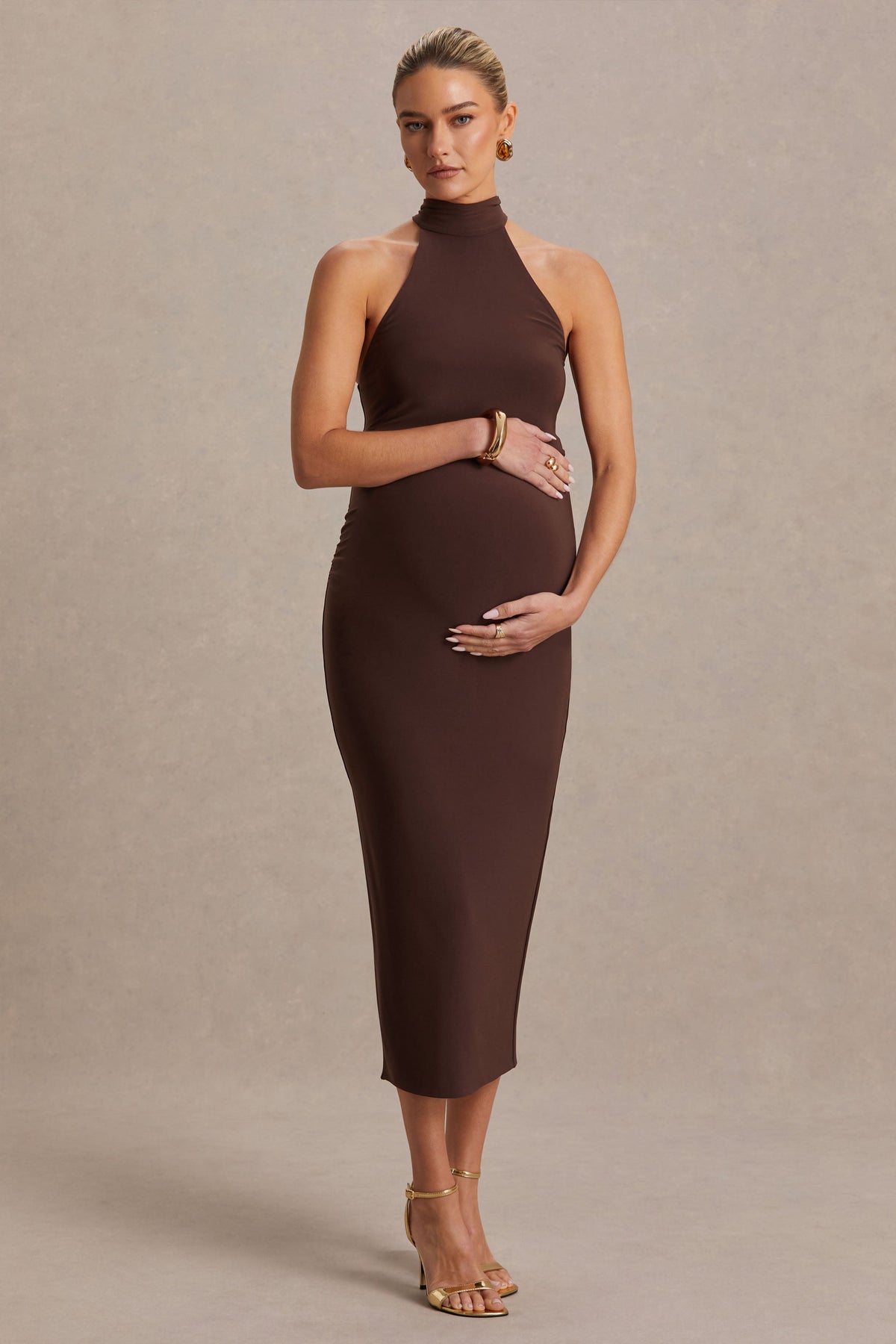 Mireille | Brown Halter-Neck Maternity Midi Dress