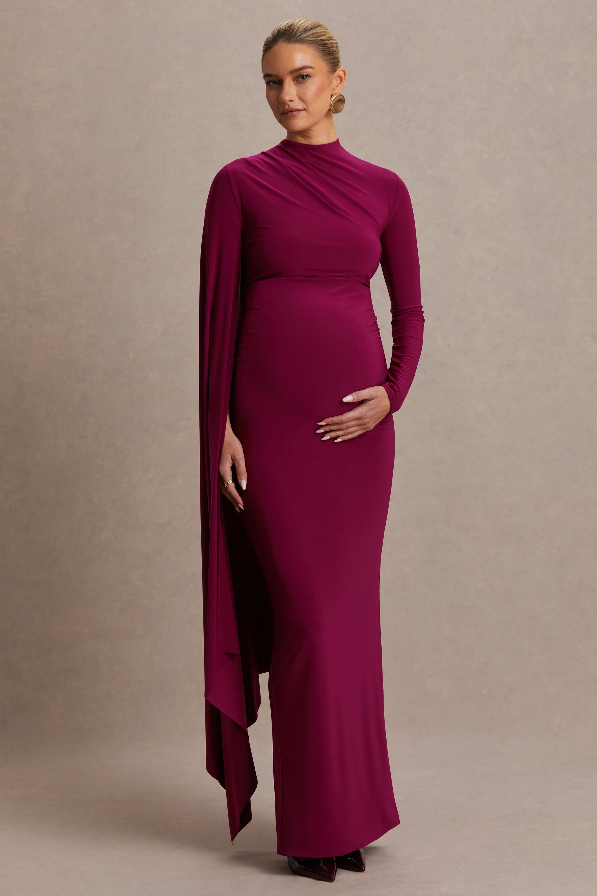 Lavinia | Berry High-Neck Maternity Maxi Dress With Cape-Sleeve
