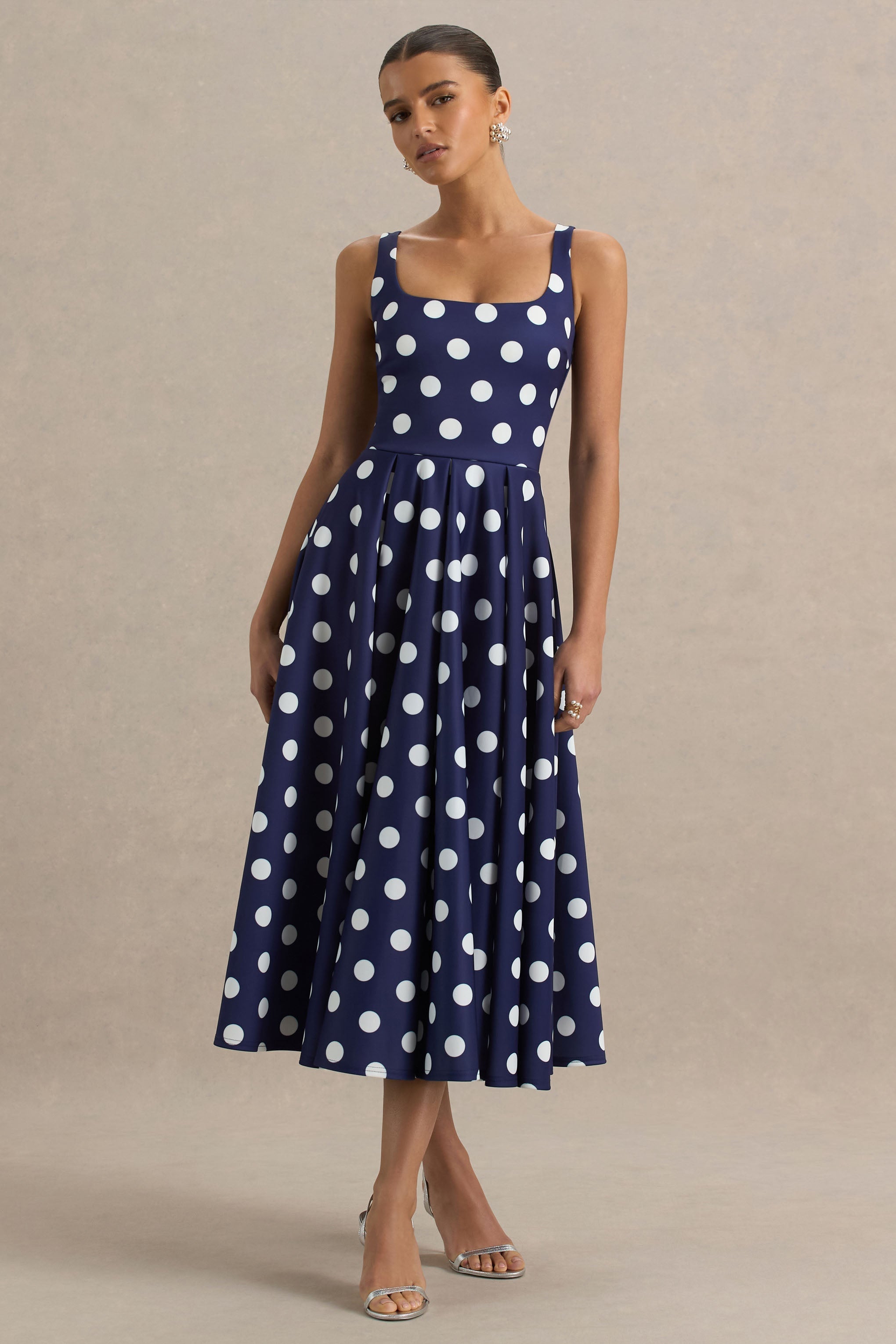 Berta | Navy And White Polka-Dot Square-Neck Midi Dress