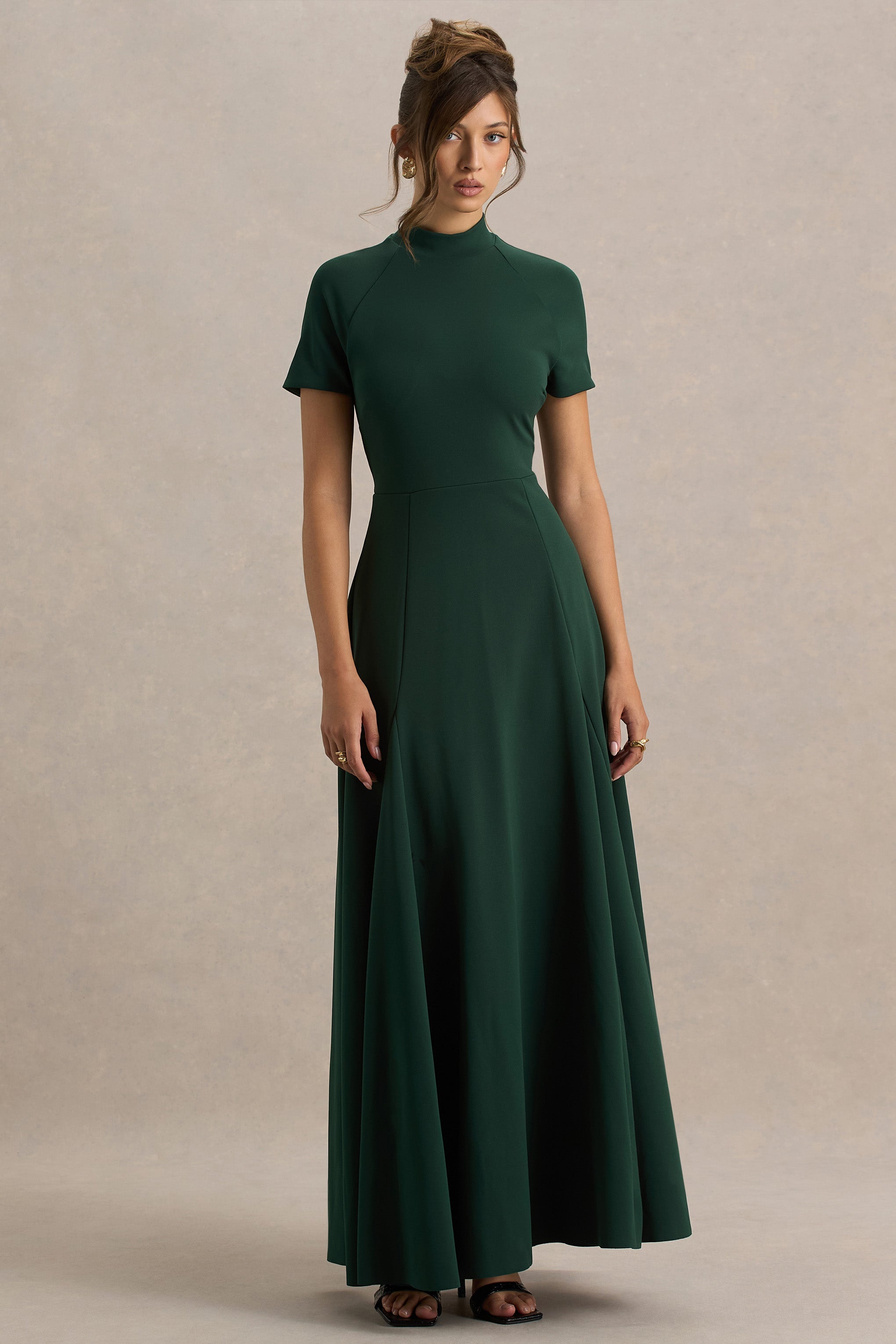 Alea | Dark Green High-Neck Short-Sleeve Maxi Dress