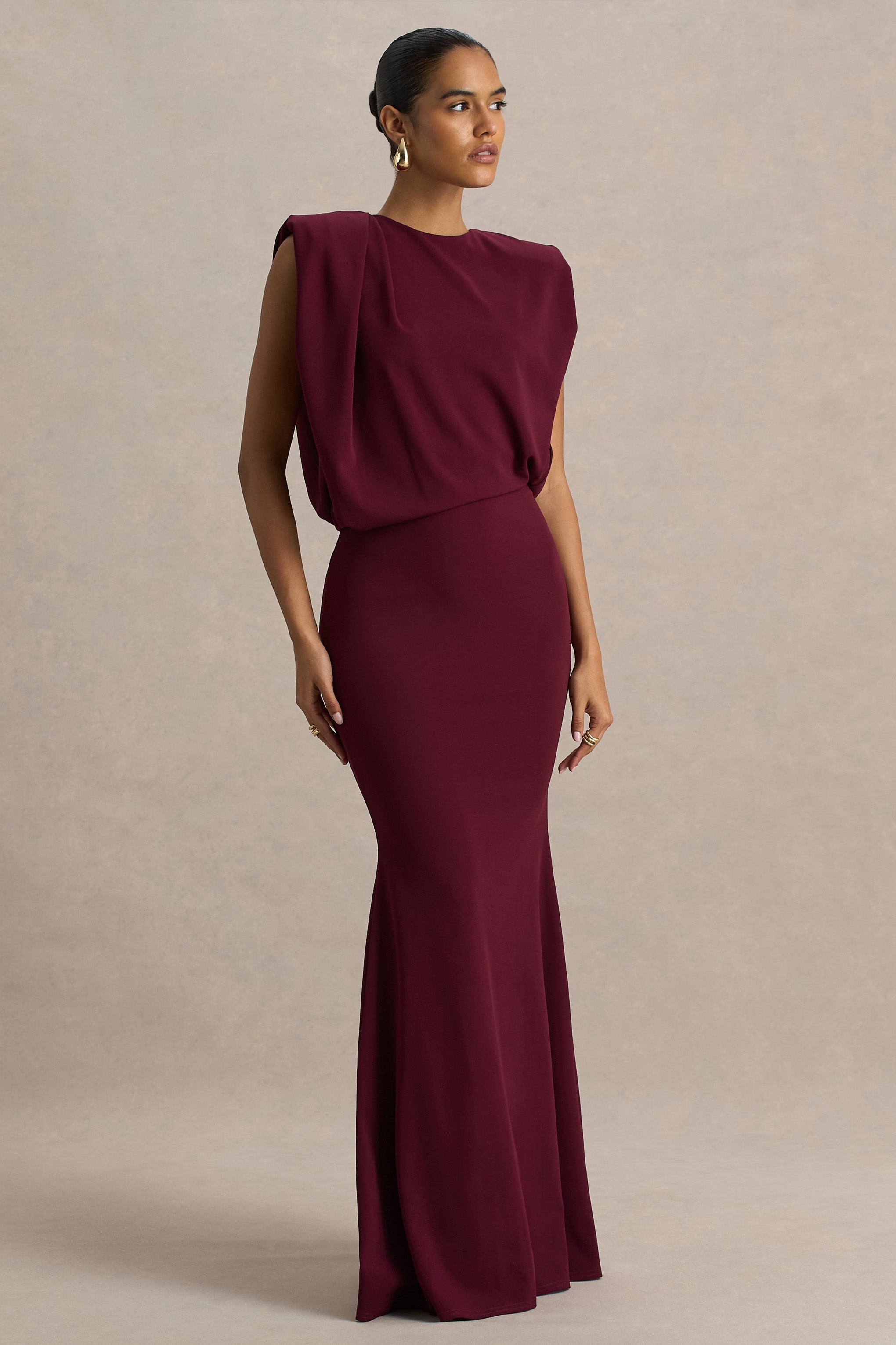 Meave | Burgundy Boat-Neck Maxi Dress With Draped Detail