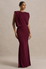 Meave | Burgundy Boat-Neck Maxi Dress With Draped Detail