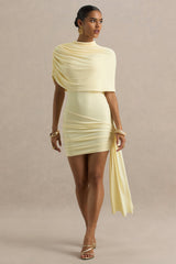 Farrah | Pale Lemon High-Neck Draped Mini Dress With Sash