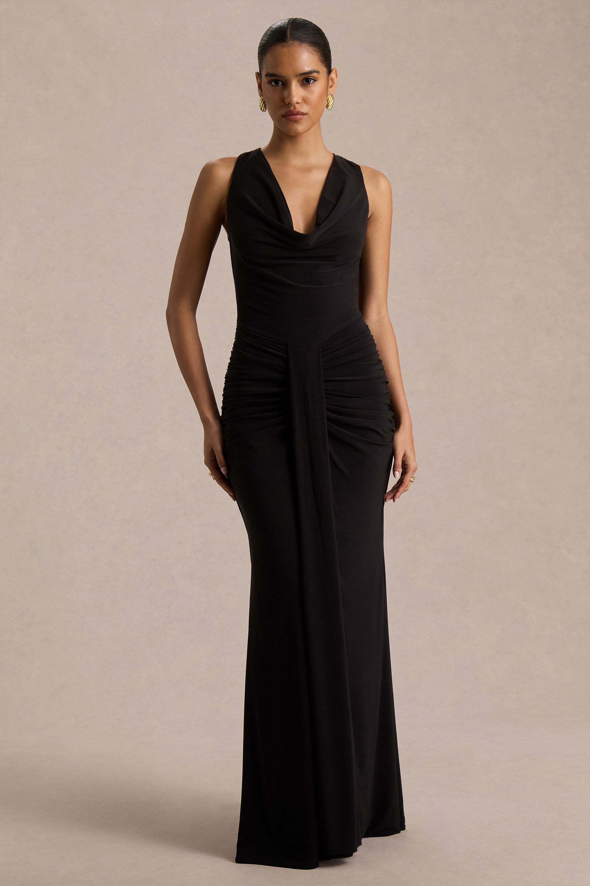 Mallie | Black Cowl-Neck Maxi Dress With Gathered-Detailing