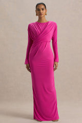 Regina | Hot Pink High-Neck Draped Wrap Maxi Dress