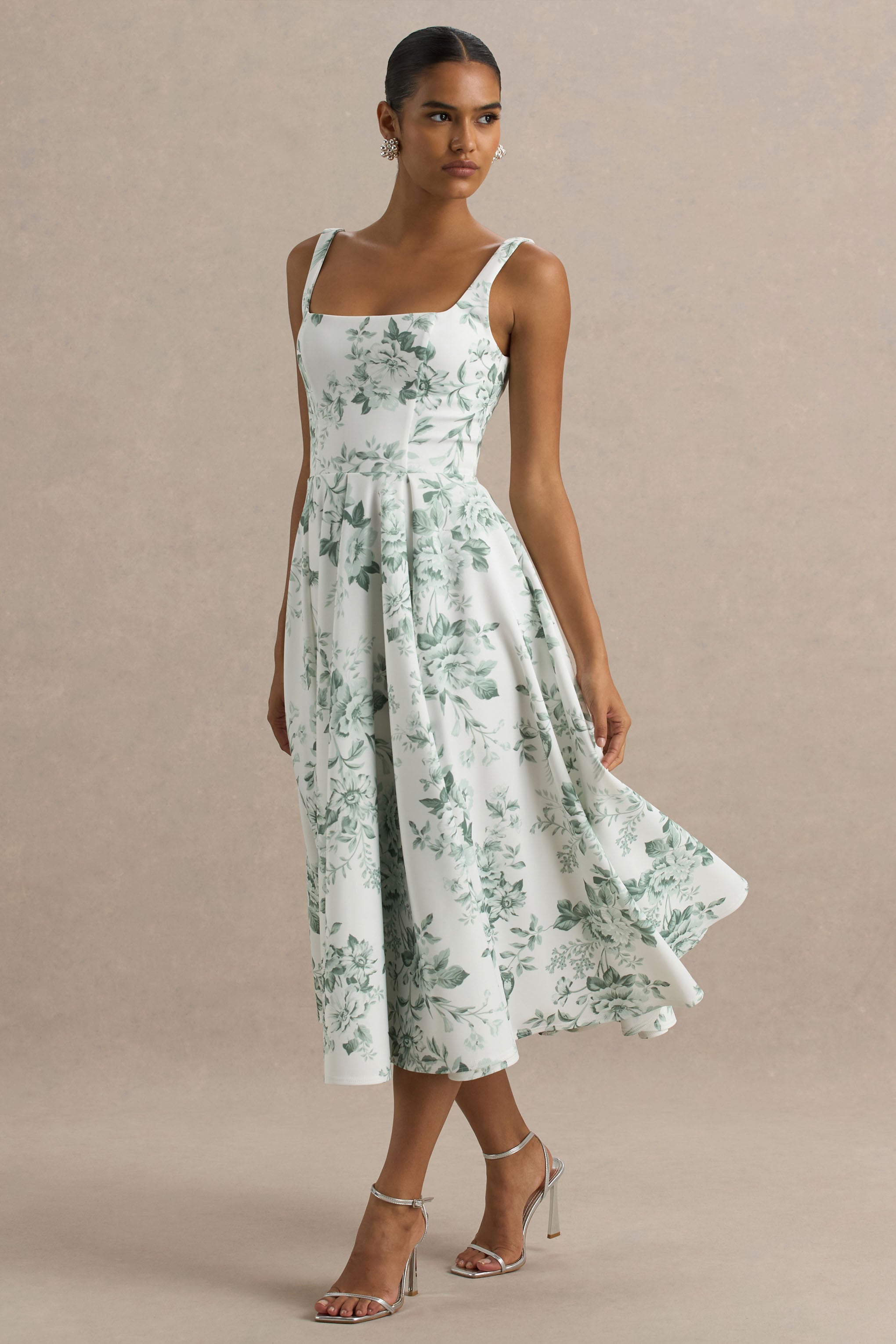 Lissa | Green Porcelain Print Square-Neck Midi Dress