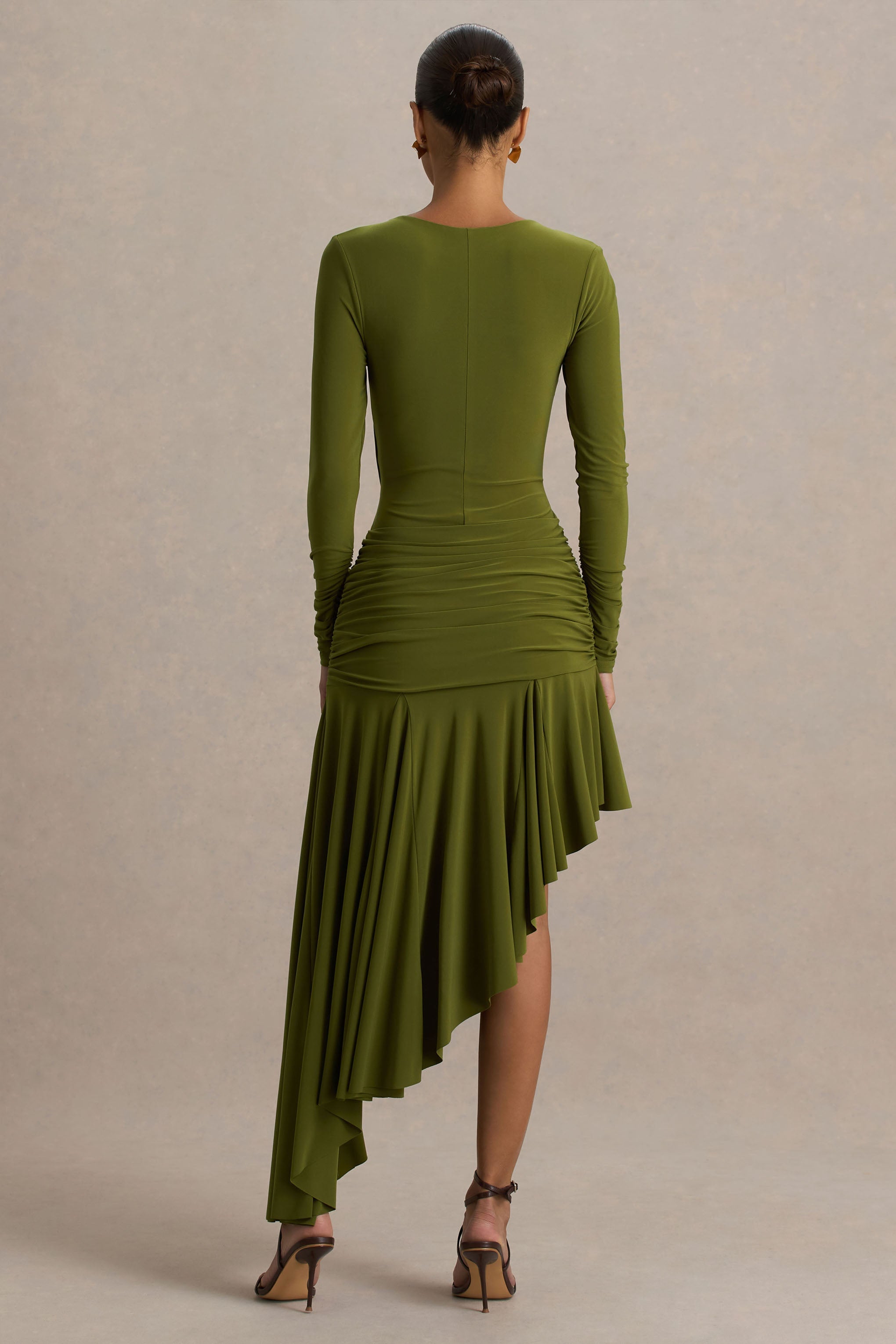 Alexia | Green Asymmetric-Neck Maxi Dress With Gold-Details
