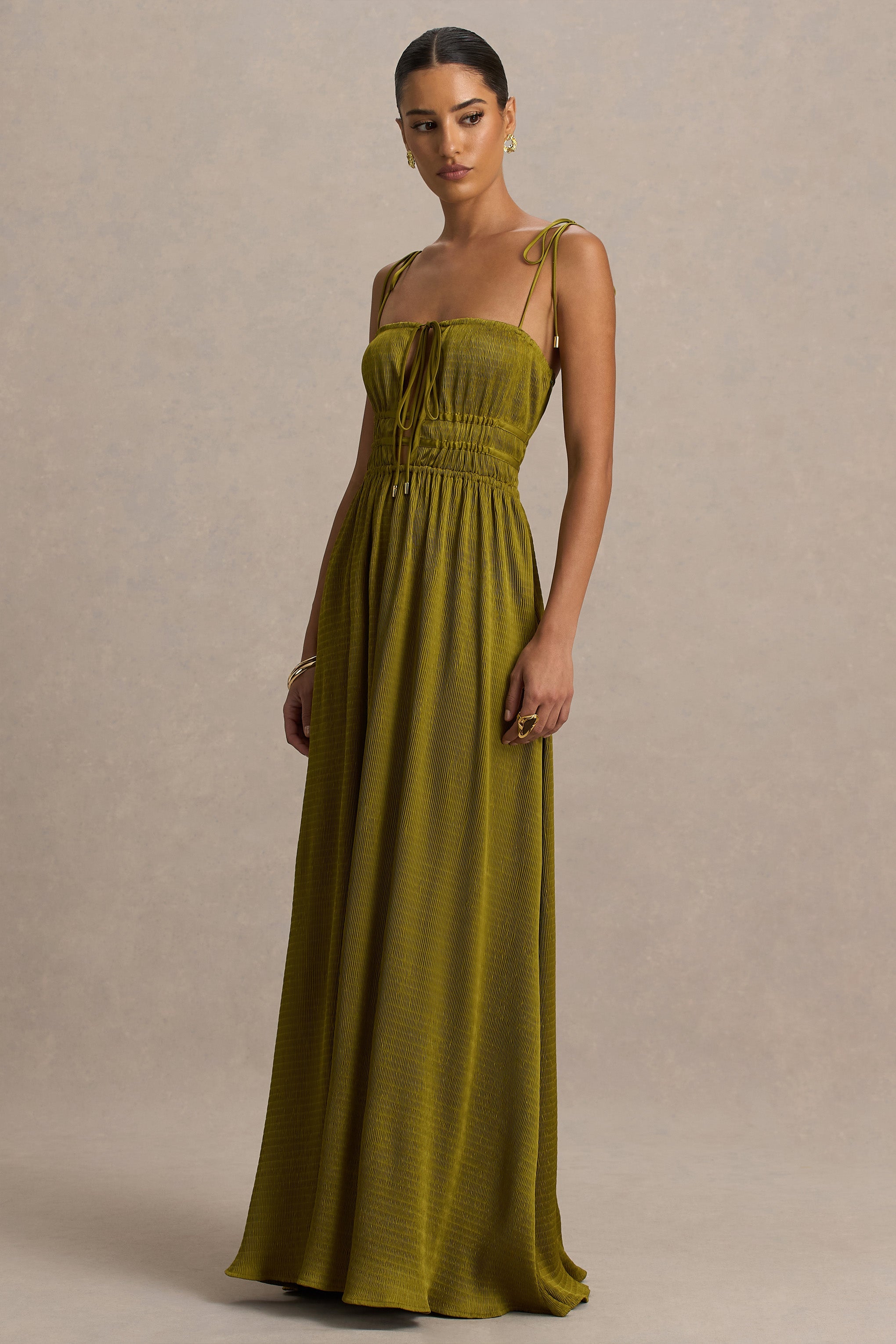 Azalea | Green Square-Neck Maxi Dress With Chest Cut-Out And Pleated Detailing