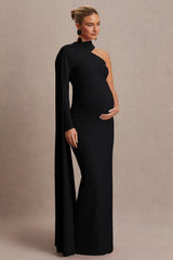 Tessy | Black Asymmetric-Neck Maternity Maxi Dress With Cape-Sleeve
