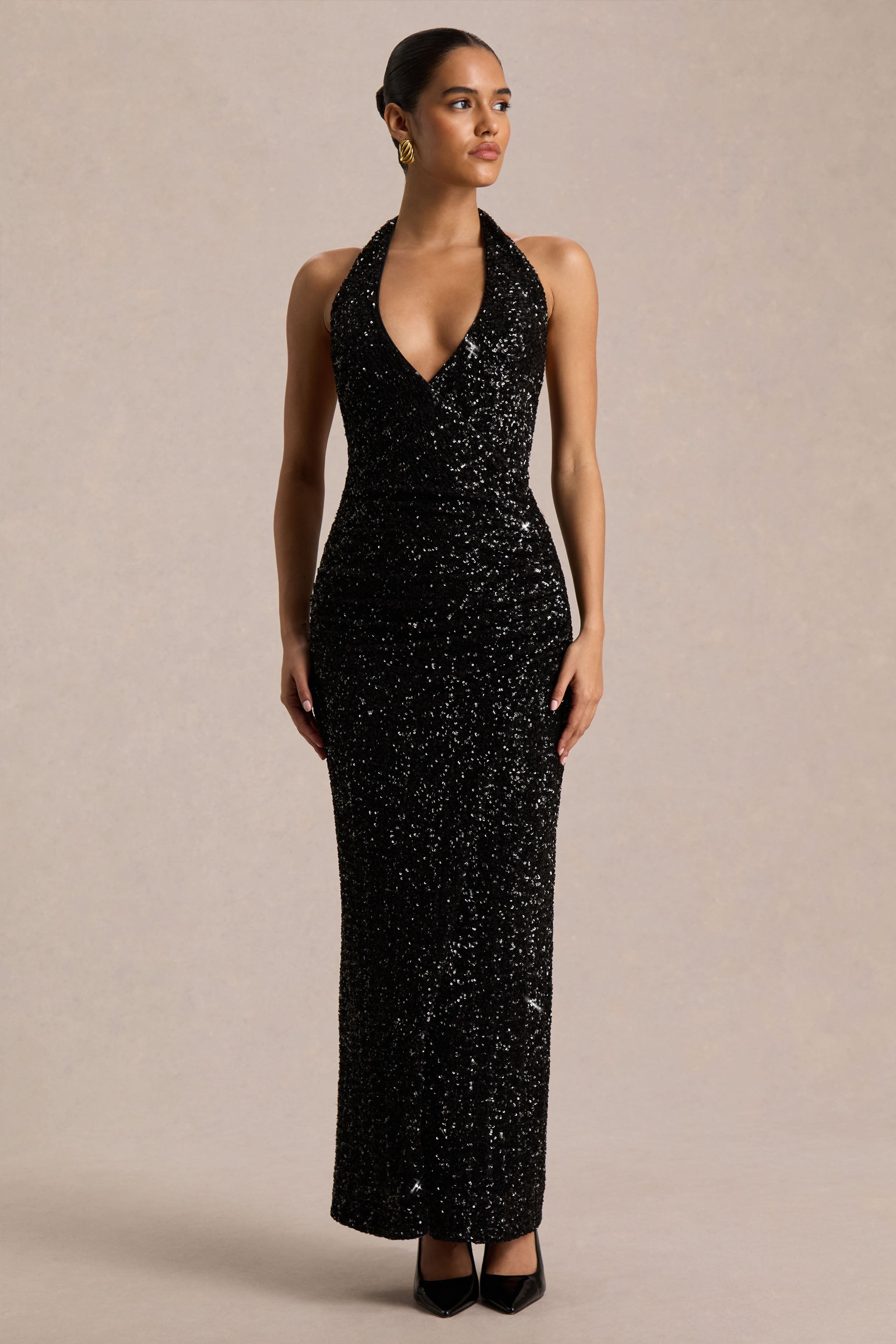 Gio | Black Sequin Plunge-Neck Wrap Maxi Dress With Ruched Detailing