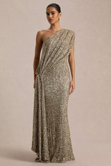 Liori | Champagne Sequin Asymmetric-Neck Maxi Dress With Sash