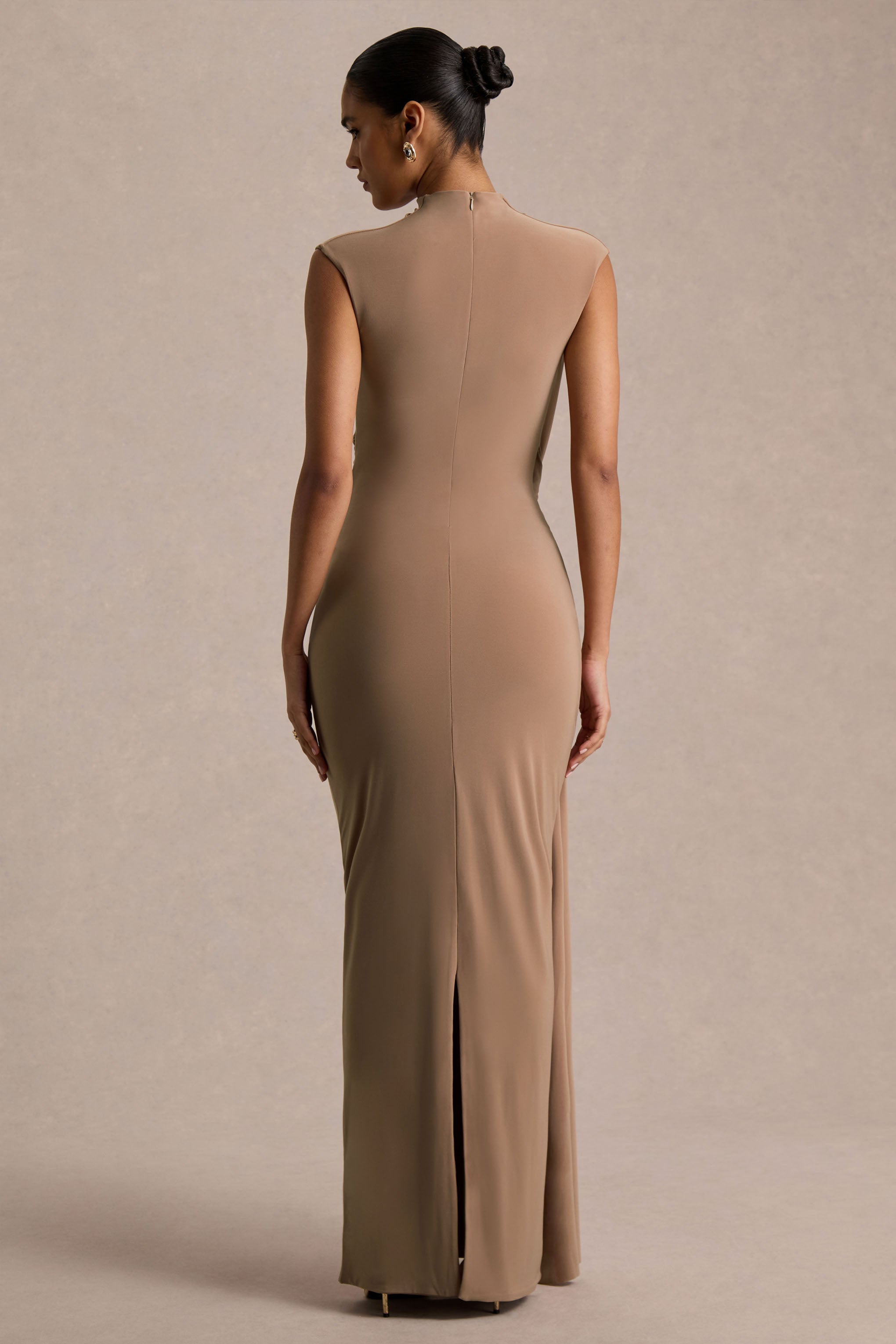 Solene | Brown High-Neck Maxi Dress With Wrap And Drape Detail