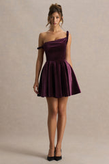 Leticia | Burgundy Velvet Asymmetric-Neck Velvet Mini Dress With Twist-Sleeve