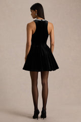 Meva | Black Velvet Hand-Embellished High-Neck Mini Dress