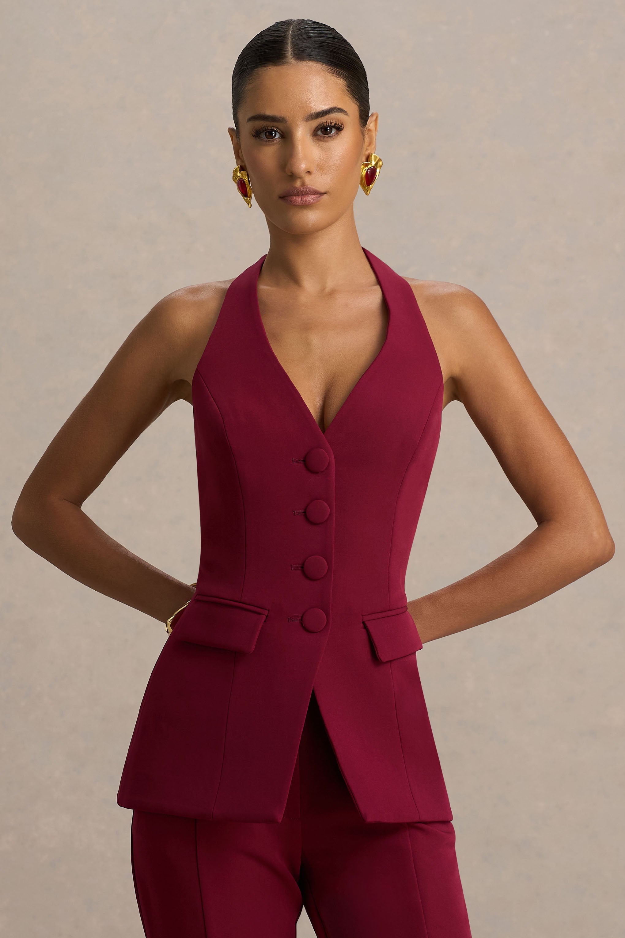 Tecla | Burgundy Button-Up Tailored Waistcoat