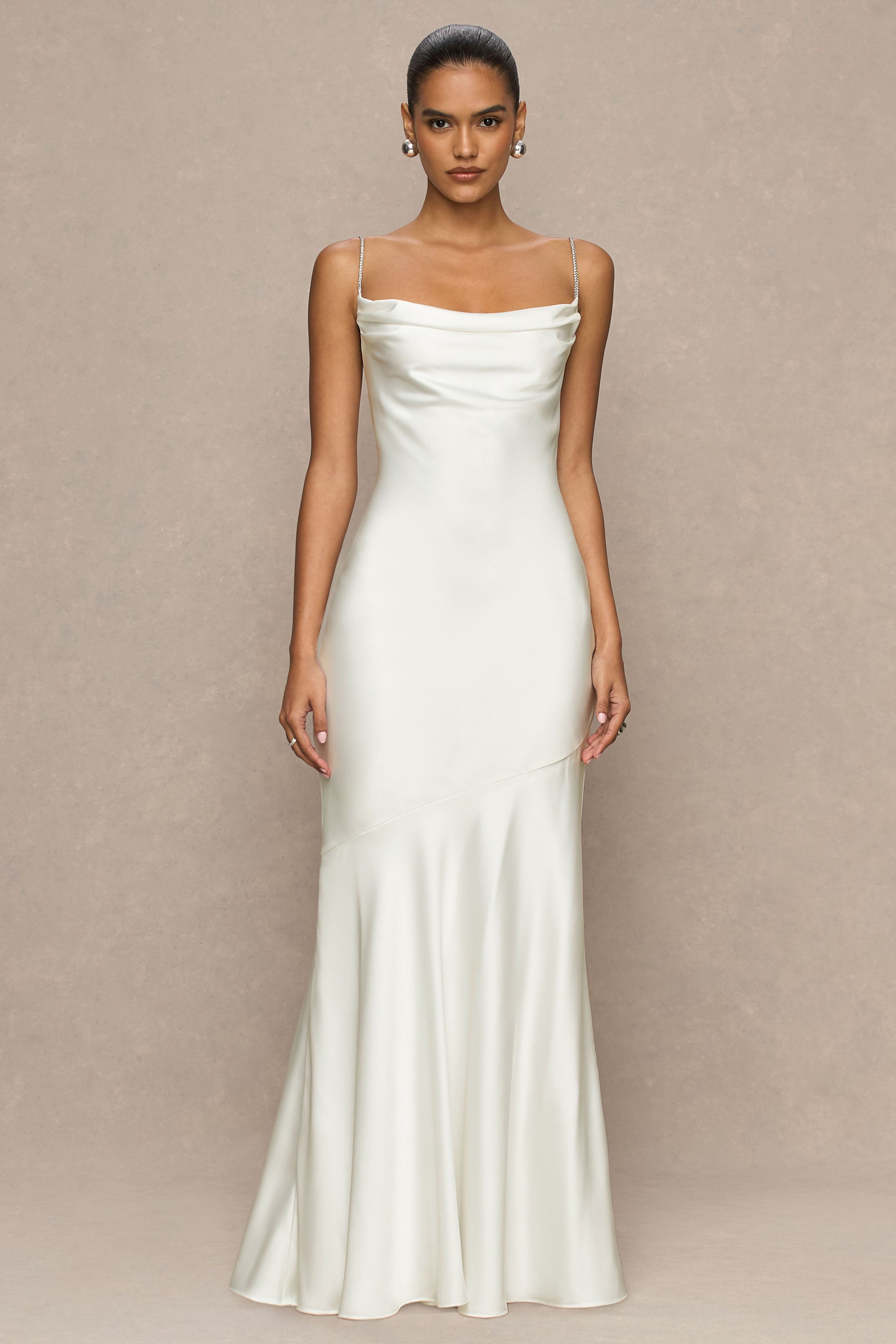 Maelia | Cream Satin Cowl-Neck Maxi Dress With Diamante Straps