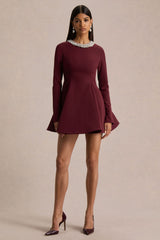 Eletta | Burgundy Embellished Crew-Neck Mini Dress