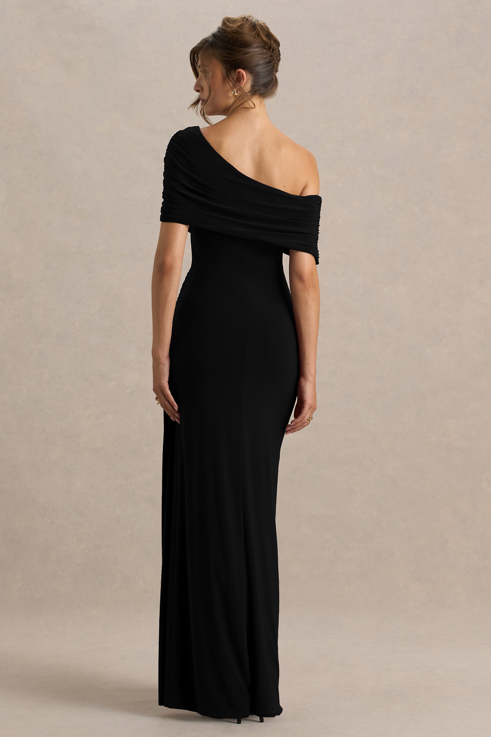 Dynasty | Black Asymmetric-Neck Maxi Dress With Ruched Detailing And Front High-Split