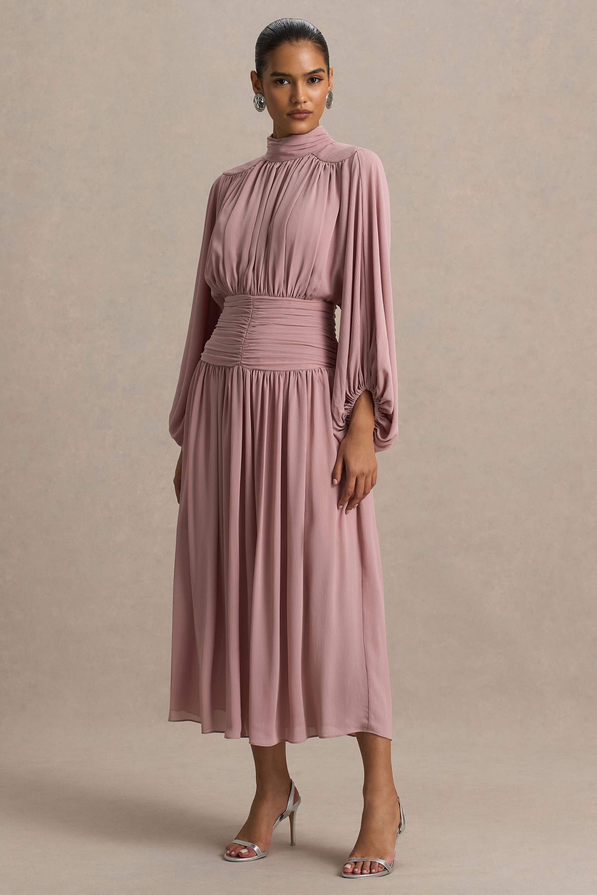 Annabel | Dusty Pink High-Neck Midi Dress With Drop-Waist And Pleated Detailing