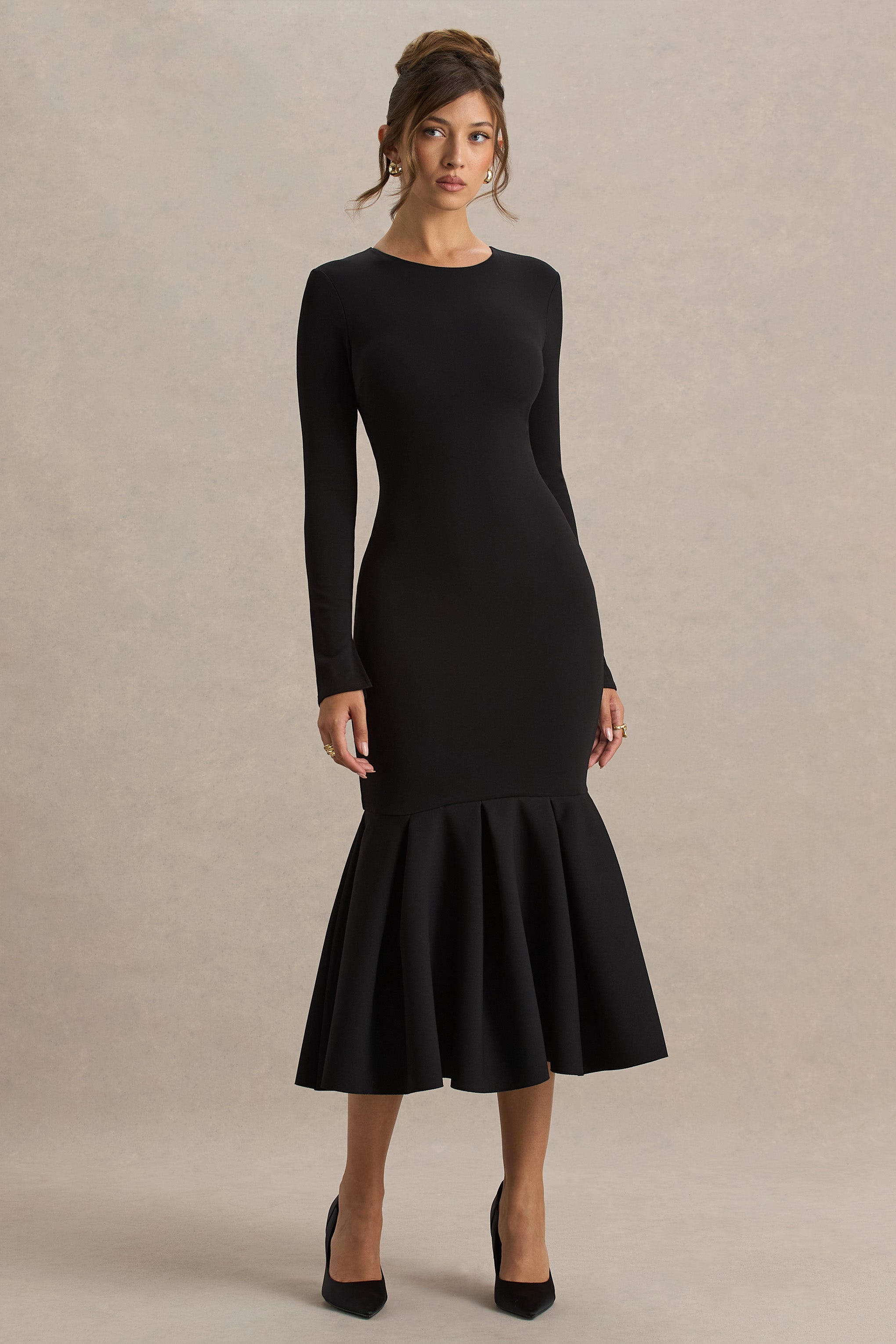 Liberty | Black High Neck Mermaid Midi Dress With Ruffling Detail