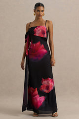Leonara | Black And Pink Floral Print Cowl-Neck Maxi Dress With One-Sleeve
