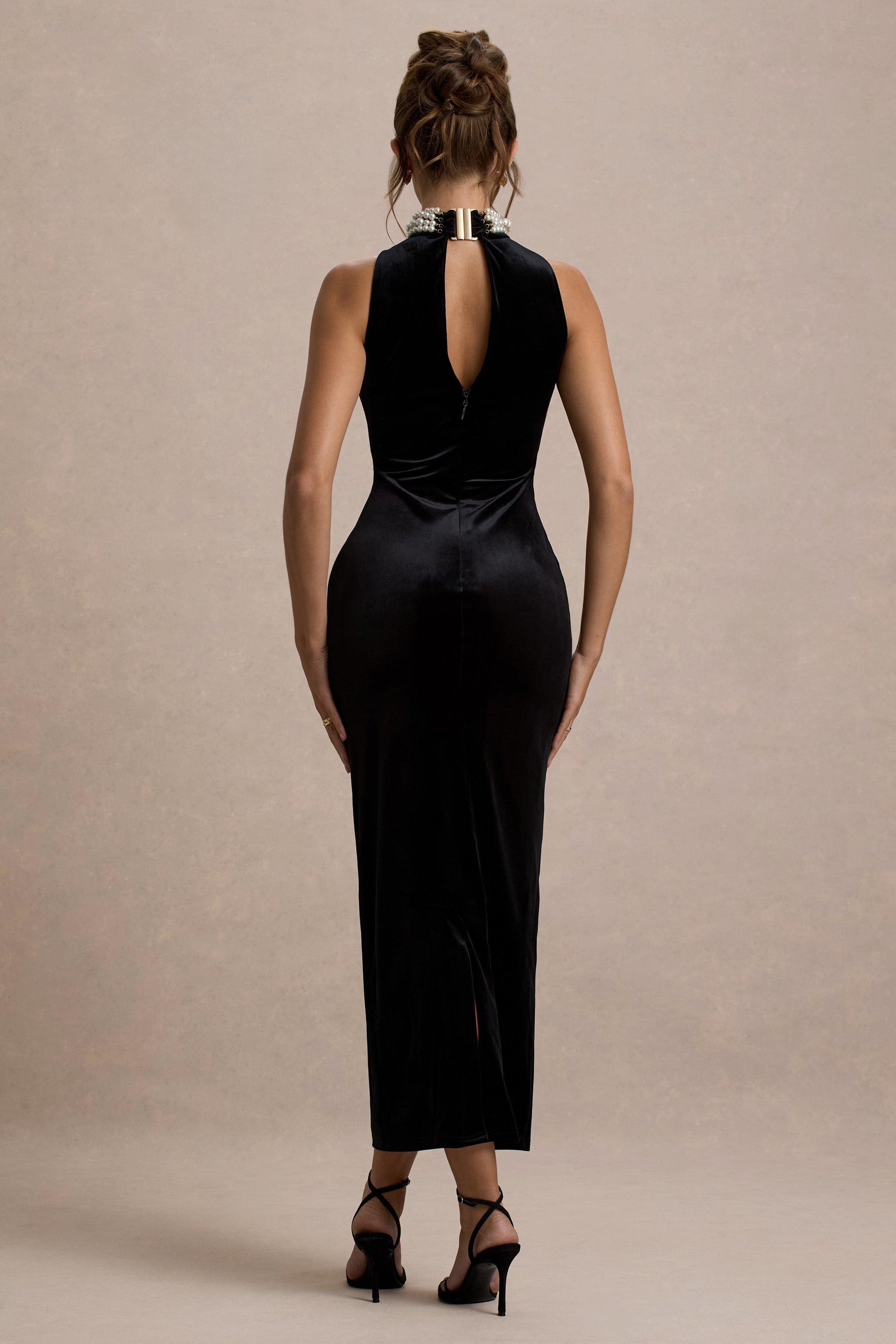 Audrine | Black Velvet Embellished High-Neck Maxi Dress