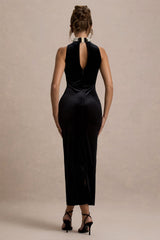 Audrine | Black Velvet Embellished High-Neck Maxi Dress