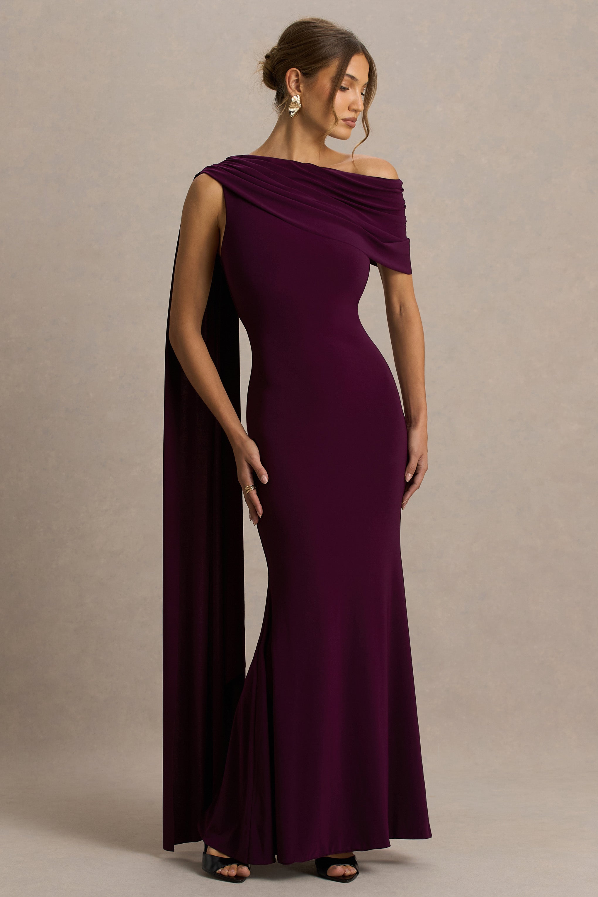 Tiana | Dark Plum Asymmetric-Neck Maxi Dress With Draped Detail