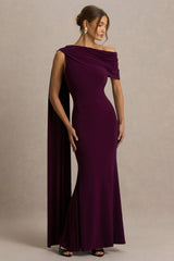 Tiana | Dark Plum Asymmetric-Neck Maxi Dress With Draped Detail