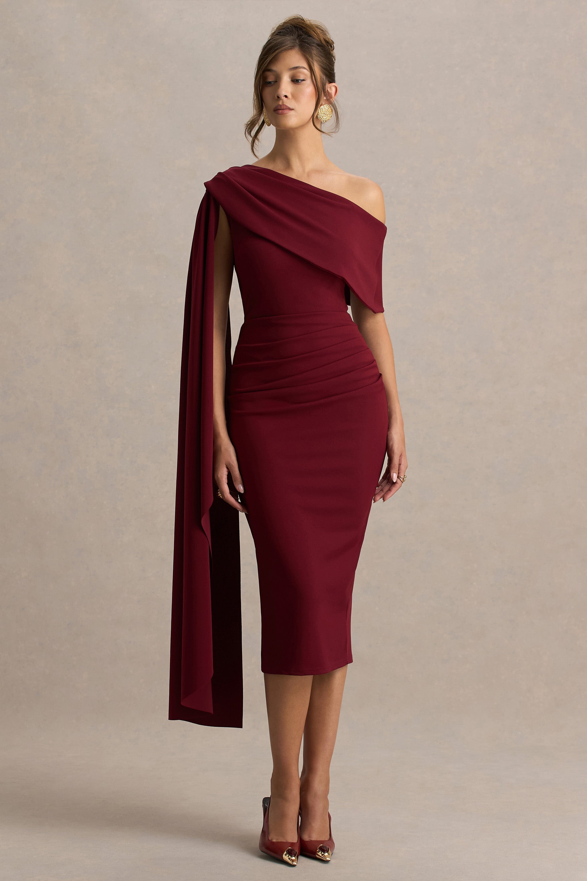 Leah | Burgundy Asymmetric-Neck Midi Dress With Cape-Sleeve