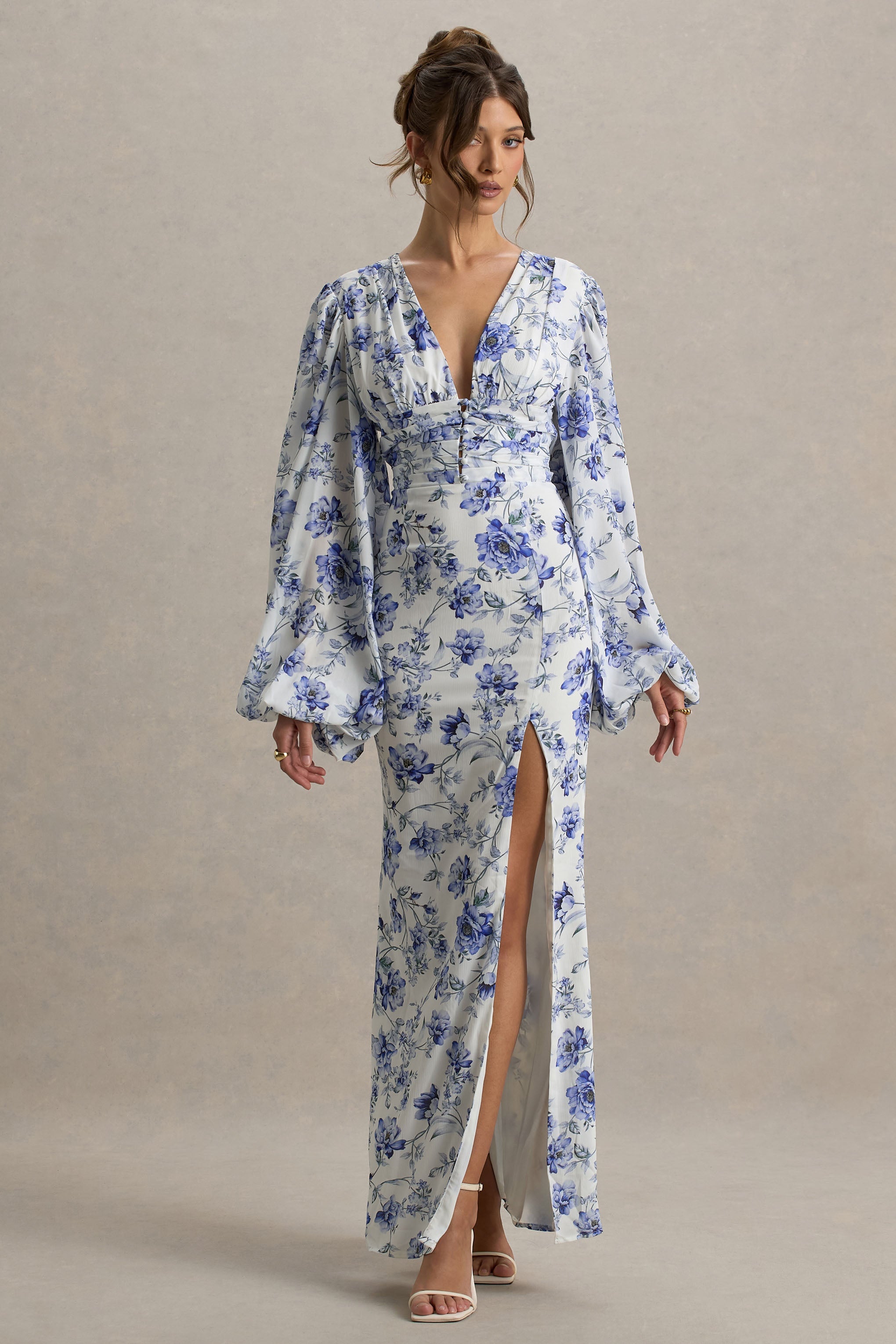 Casarile | Blue Floral Print V-Neck Balloon Sleeve Maxi Dress