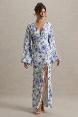 Casarile | Blue Floral Print V-Neck Balloon Sleeve Maxi Dress