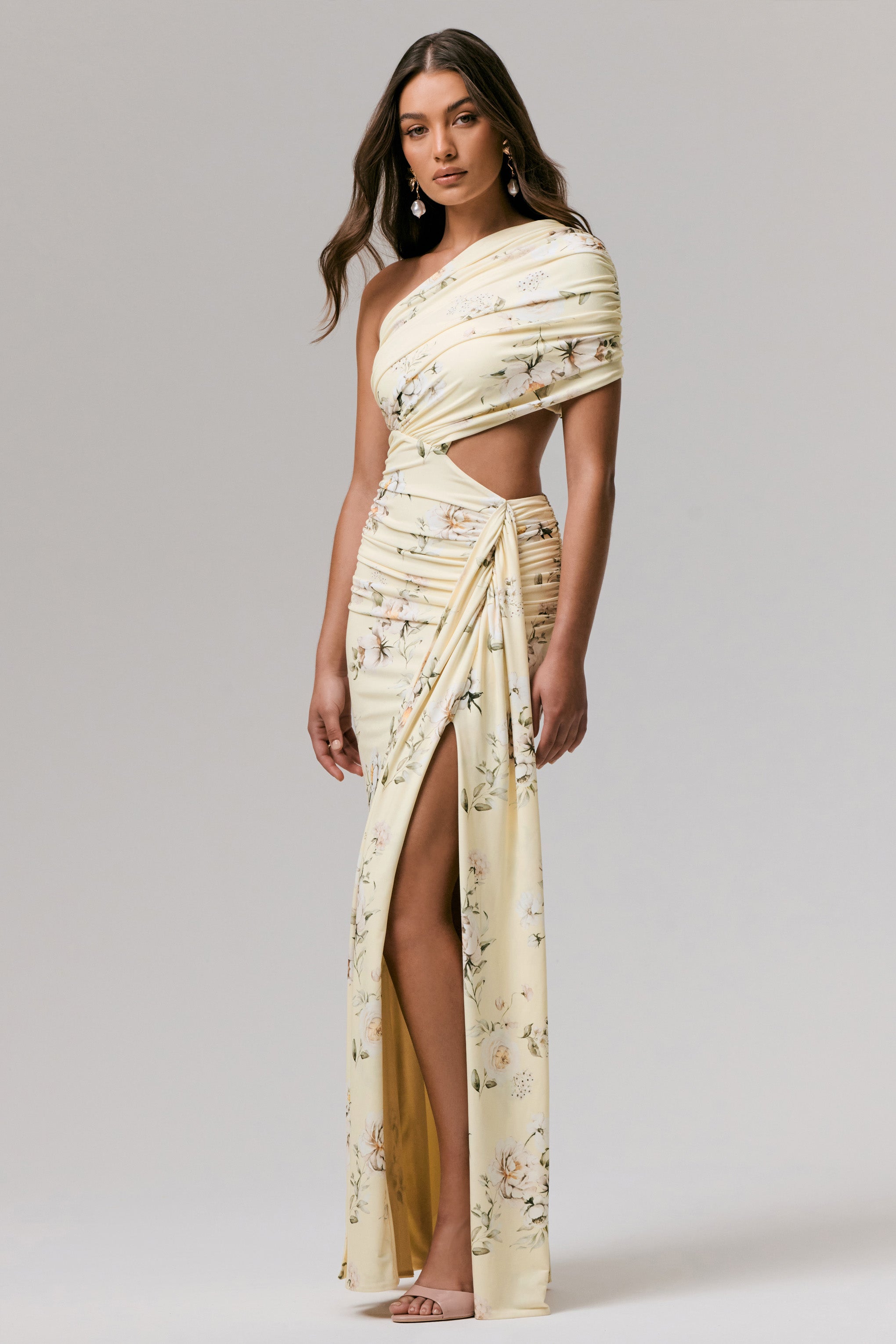 Overload | Lemon Print Asymmetric Wrap Split Maxi Dress