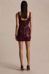 Moonshine | Burgundy Floral Sequin Embellished Square-Neck Mini Dress