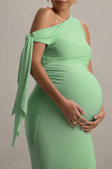 Katarine | Light Green Asymmetric Knot Maternity Midi Dress