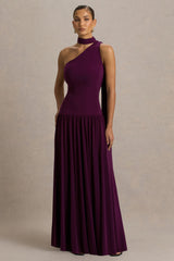 Freesia | Plum Asymmetric-Neck Maxi Dress With Scarf-Detail