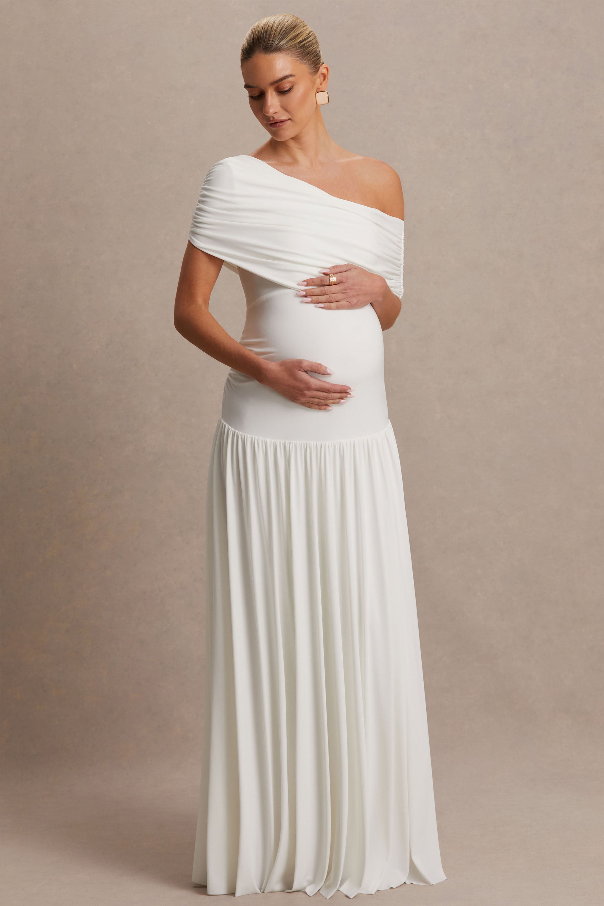 Noah | White Asymmetric-Neck Maternity Maxi Dress With Drop-Waist