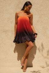 Tropical | Orange Ombre Satin Mini Dress With Ruffle Hem