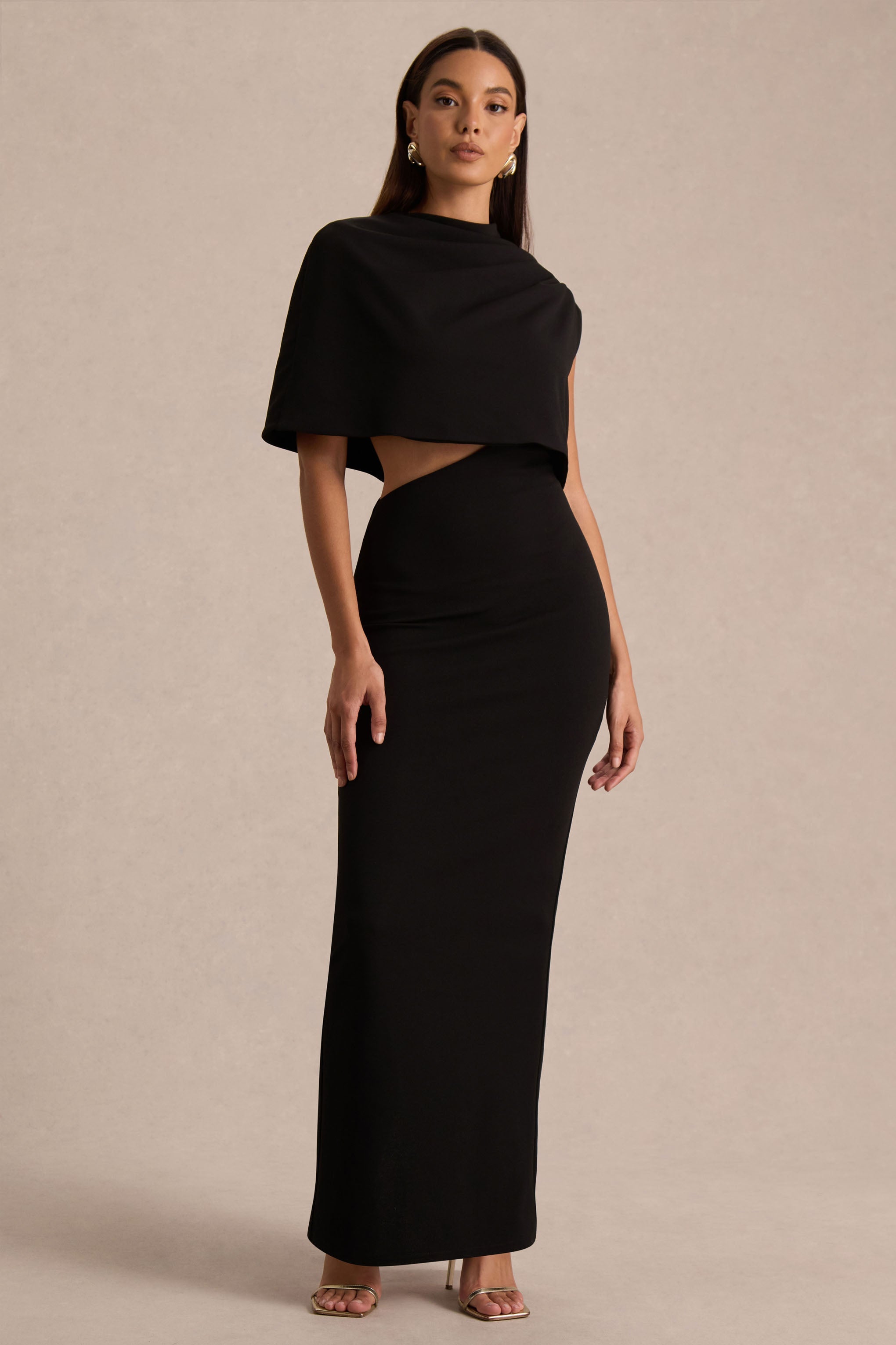 Roseth | Black High-Neck Maxi Dress With One-Sleeve And Body Cut-Out Detail